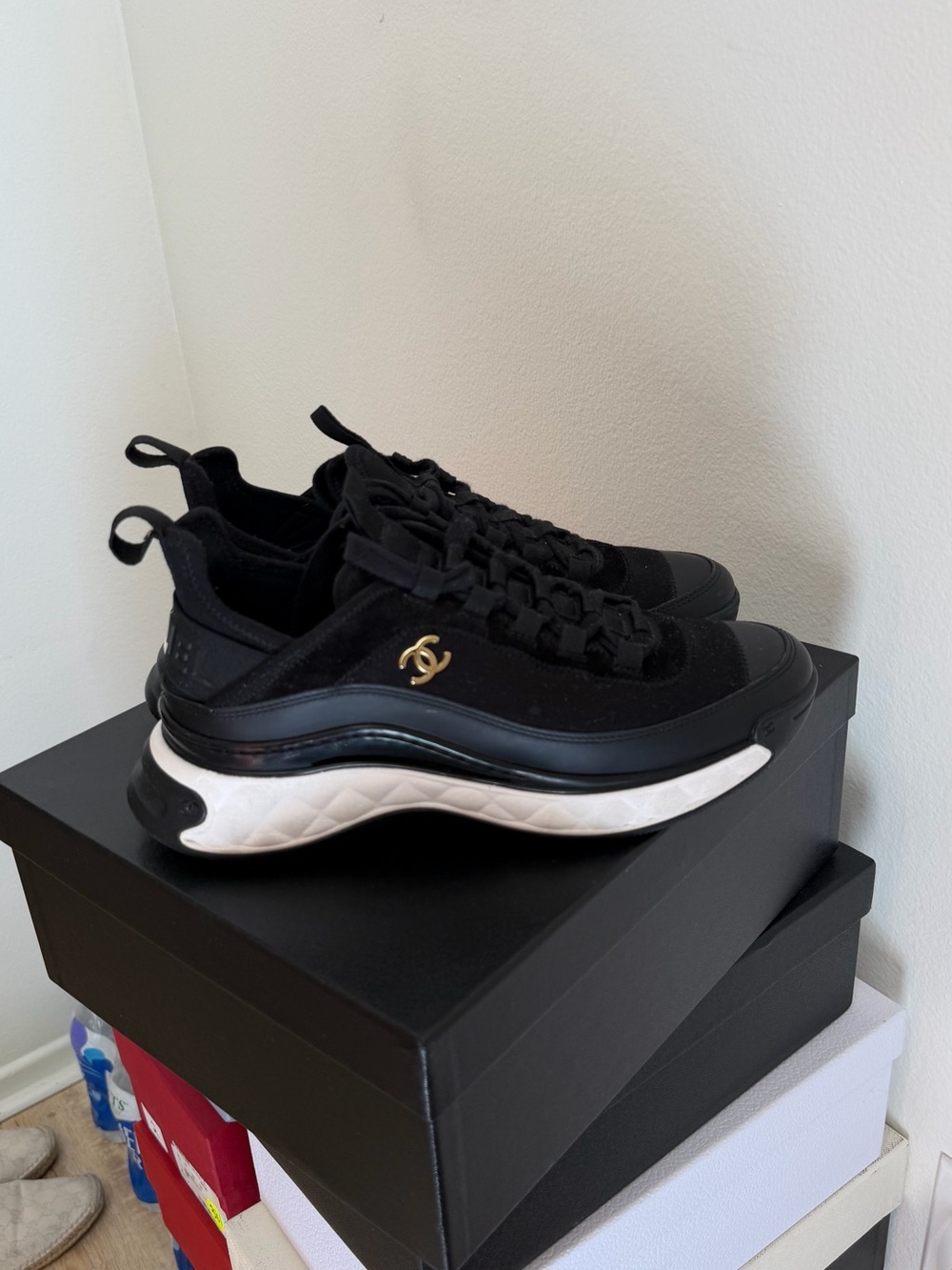 CHANEL Black and White Quilted-Sole Sneakers with Gold CC - Picture 4 of 8